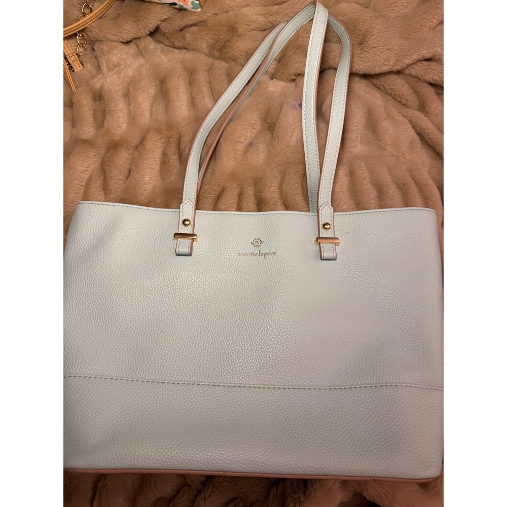 Nanette Lepore Light Blue Pebbled Faux Leather Zip Top Tote Bag Gold Hardware